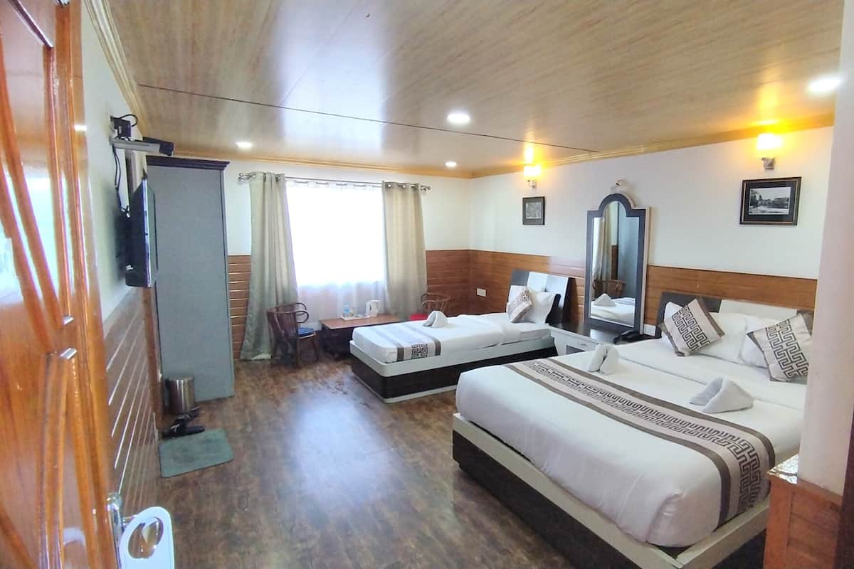 A hotel room with two beds, a wooden floor, a television, a mirror, and a window with curtains.