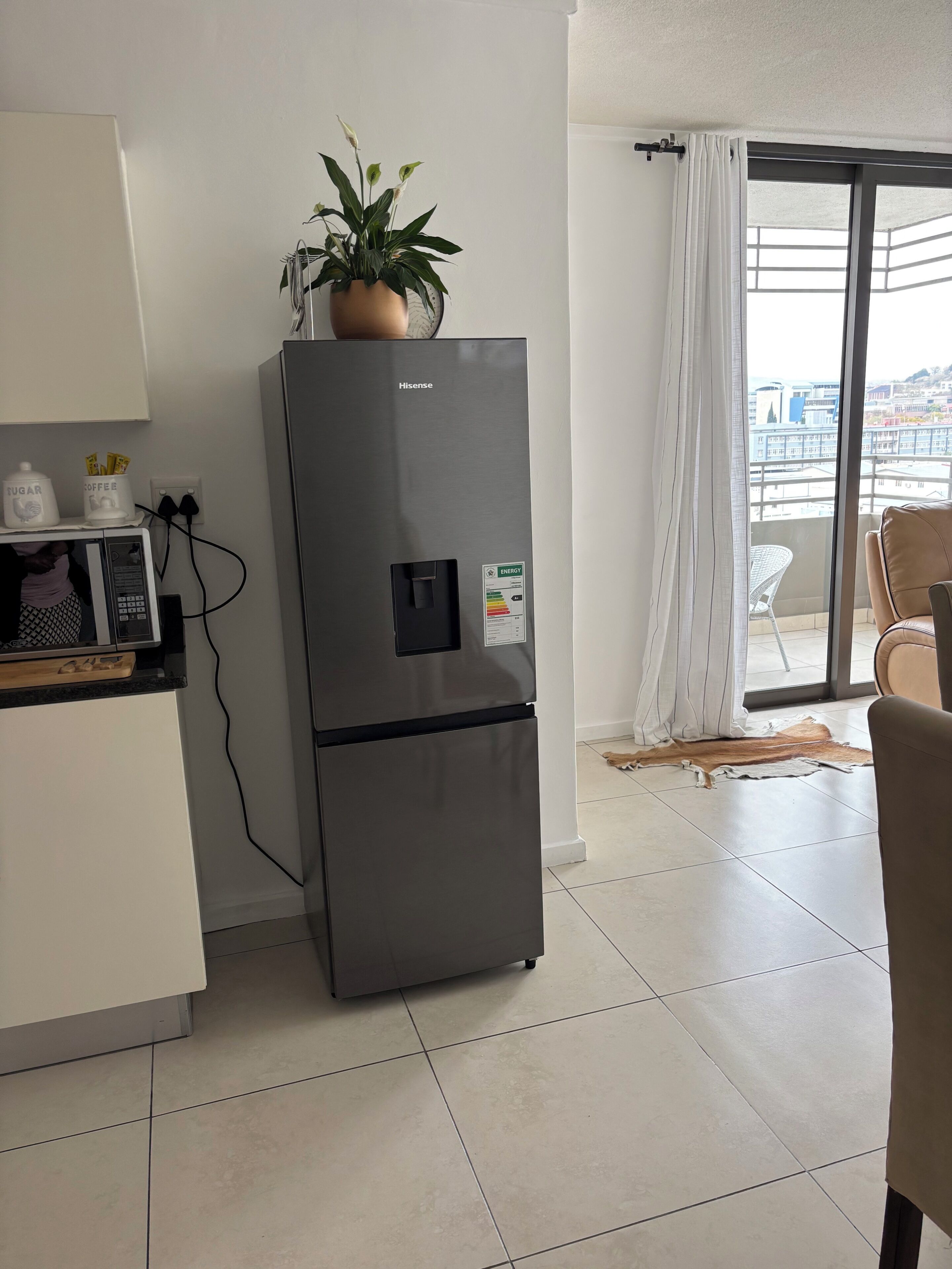 Una cucina moderna con un frigorifero Hisense, un forno a microonde e una pianta in vaso.