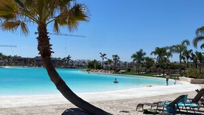 Una spiaggia con una palma, acqua cristallina e lettini.