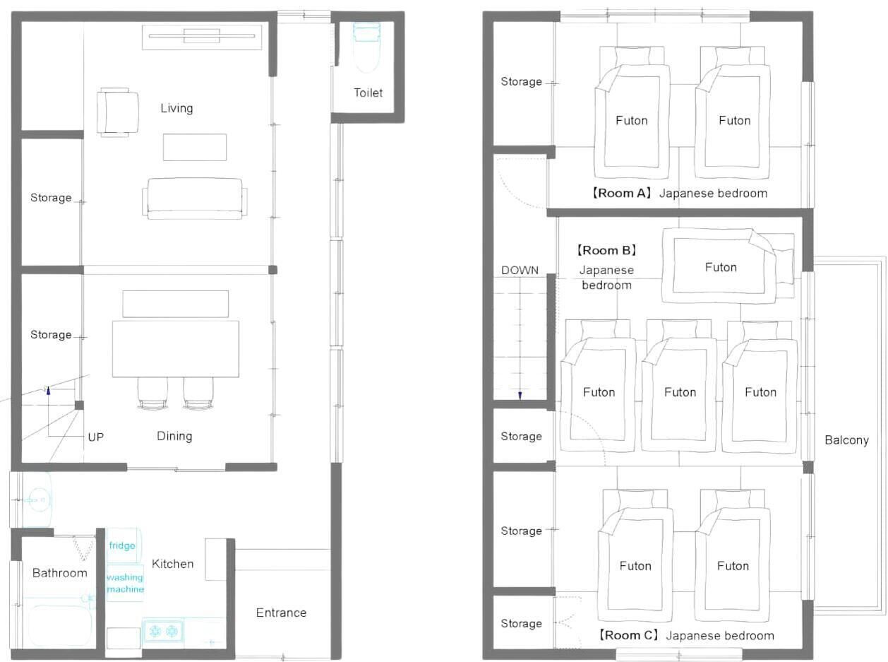 A floor plan with a living area, dining space, kitchen, bathroom, and storage.