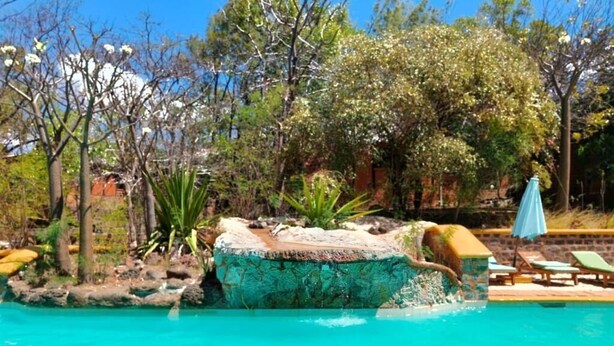 Une piscine agrémentée d’un élément rocheux naturel, entourée d’arbres et dotée d’un espace de détente avec des chaises et un parasol.