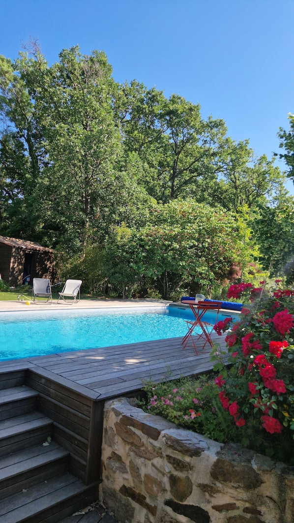 A swimming pool with a wooden deck, surrounded by lush greenery and a stone wall.