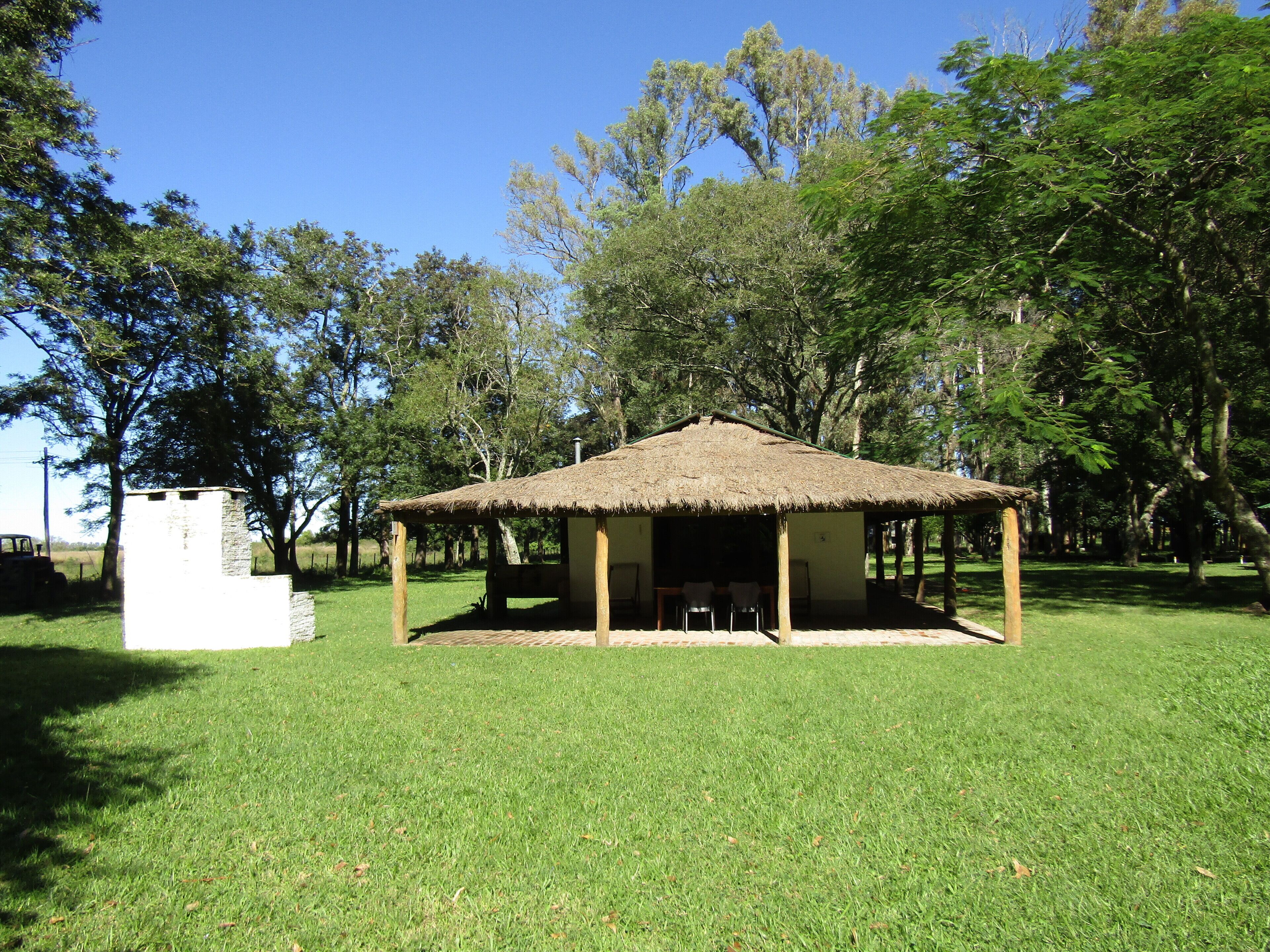 Ein Pavillon mit einem Reetdach und schlichtem, offener Bauweise, umgeben von einer Wiese und Bäumen.