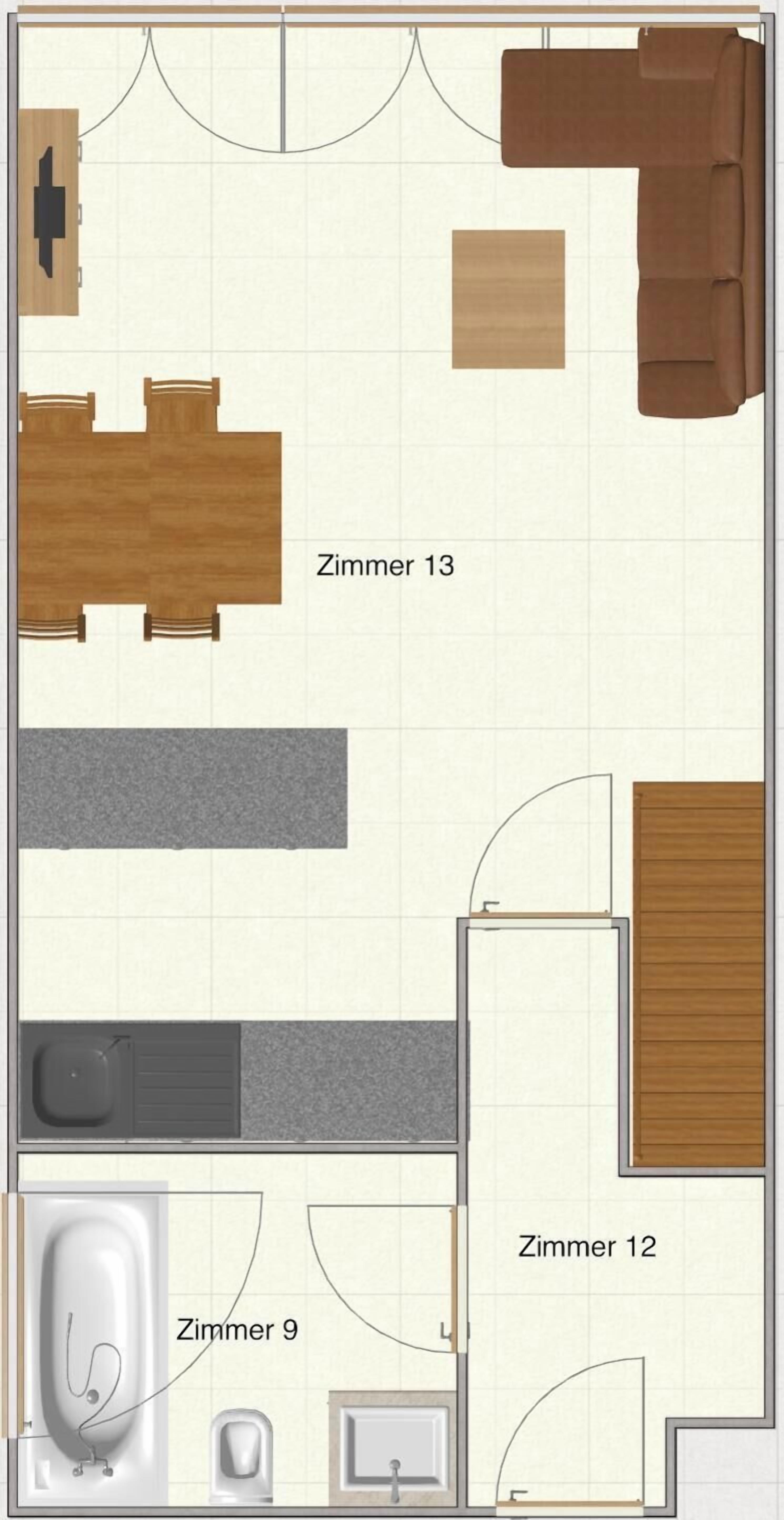 Ein Grundriss eines Hotelzimmers mit Wohnbereich, einer Küchenzeile, einem Badezimmer und einem Schlafzimmer.