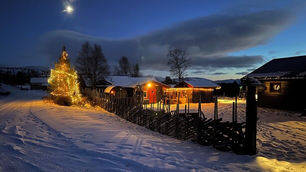 Paisagem coberta de neve com um pinheiro de Natal iluminado e uma cabana de madeira com varanda.
