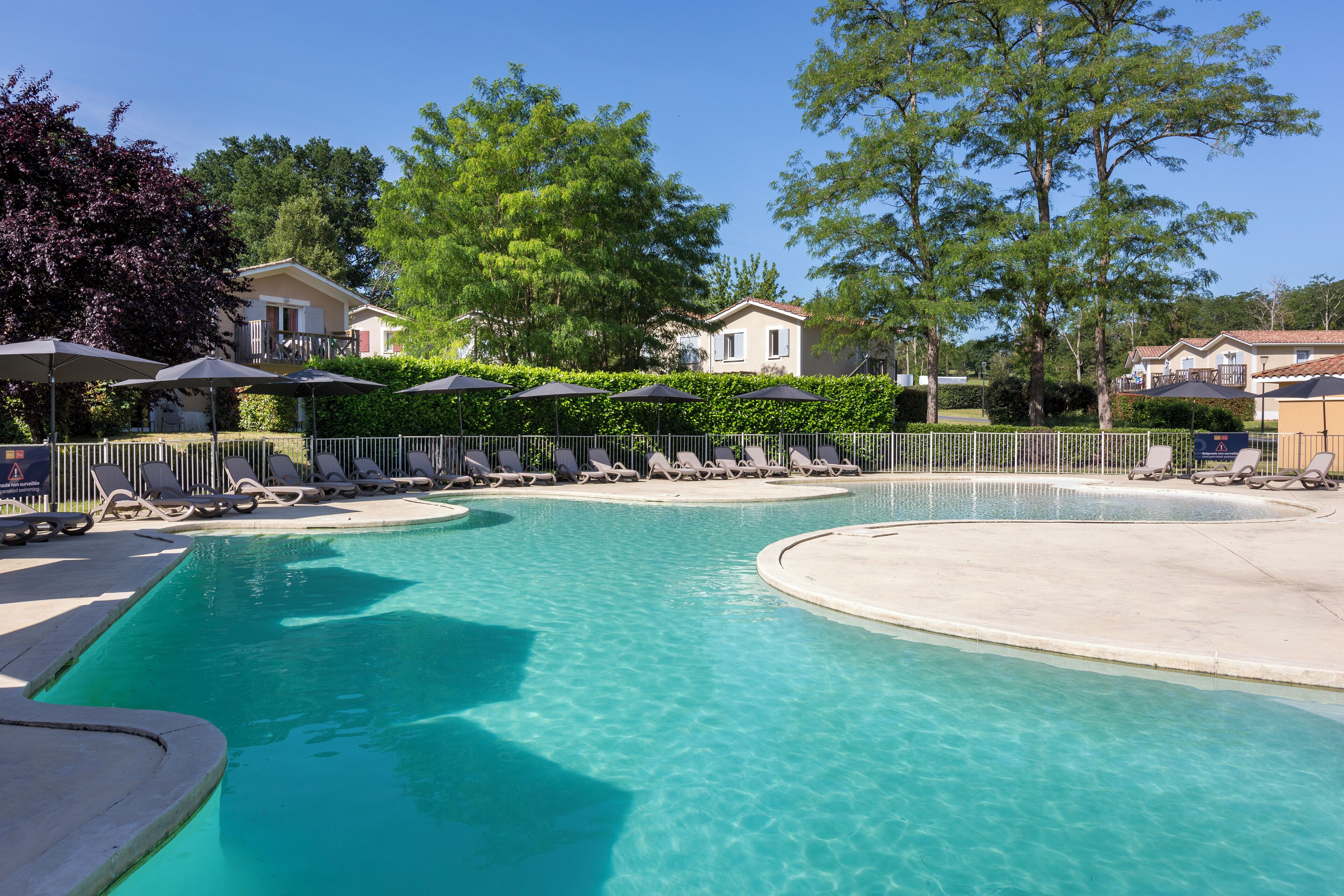A swimming pool with lounge chairs and umbrellas, surrounded by trees and buildings.