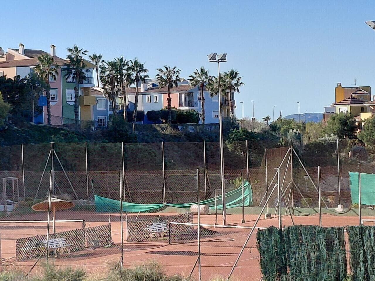 Un court de tennis avec un filet, entouré d’une clôture, et des palmiers en arrière-plan.