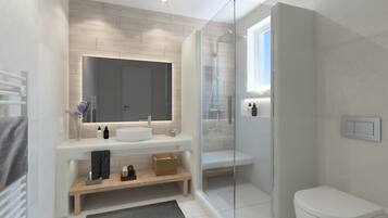 Hair dryer, slippers, towels, soap