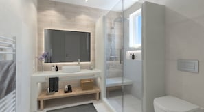 Hair dryer, slippers, towels, soap