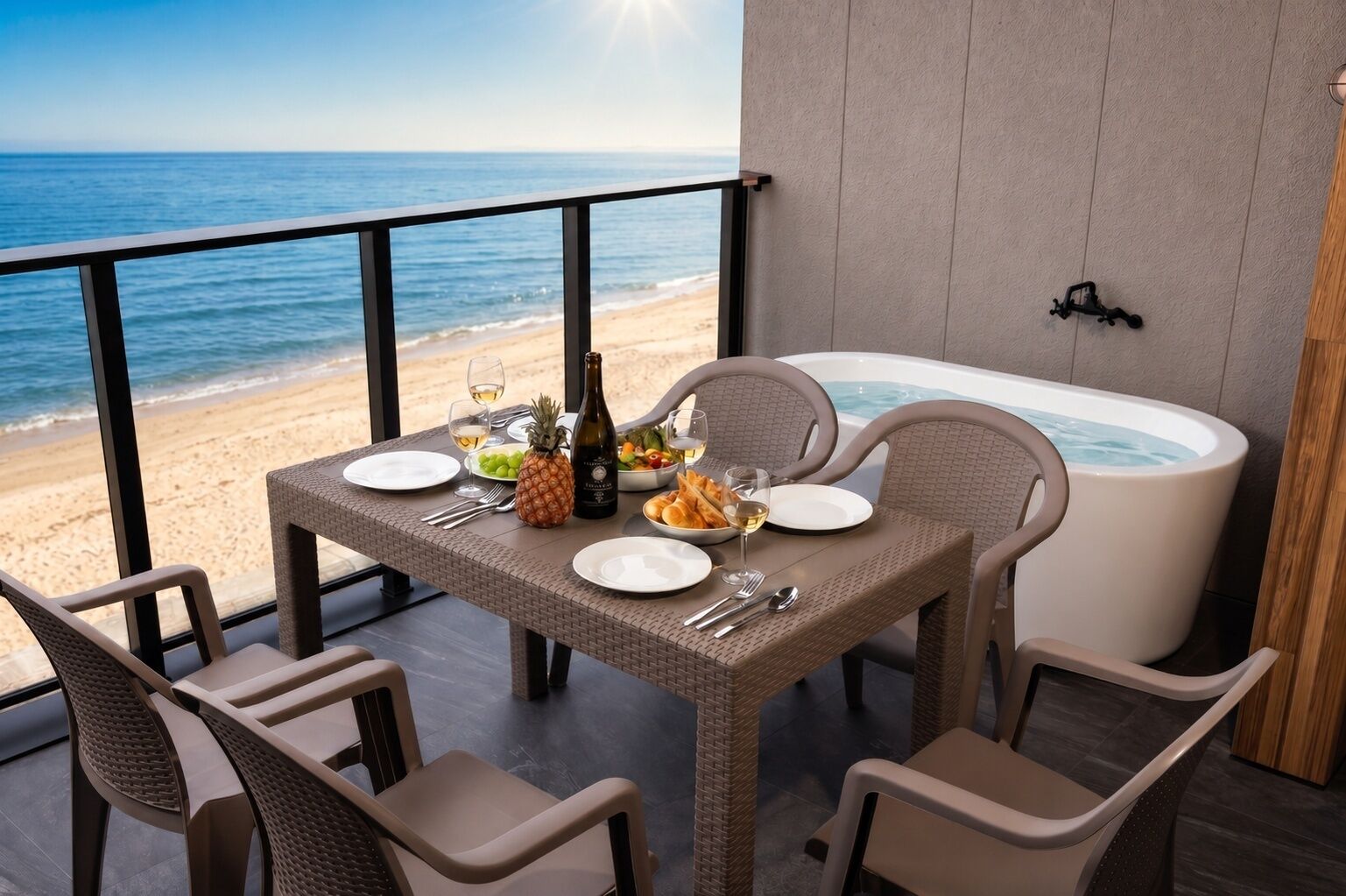 A balcony with a table set for dining, a hot tub, and a view of the beach.