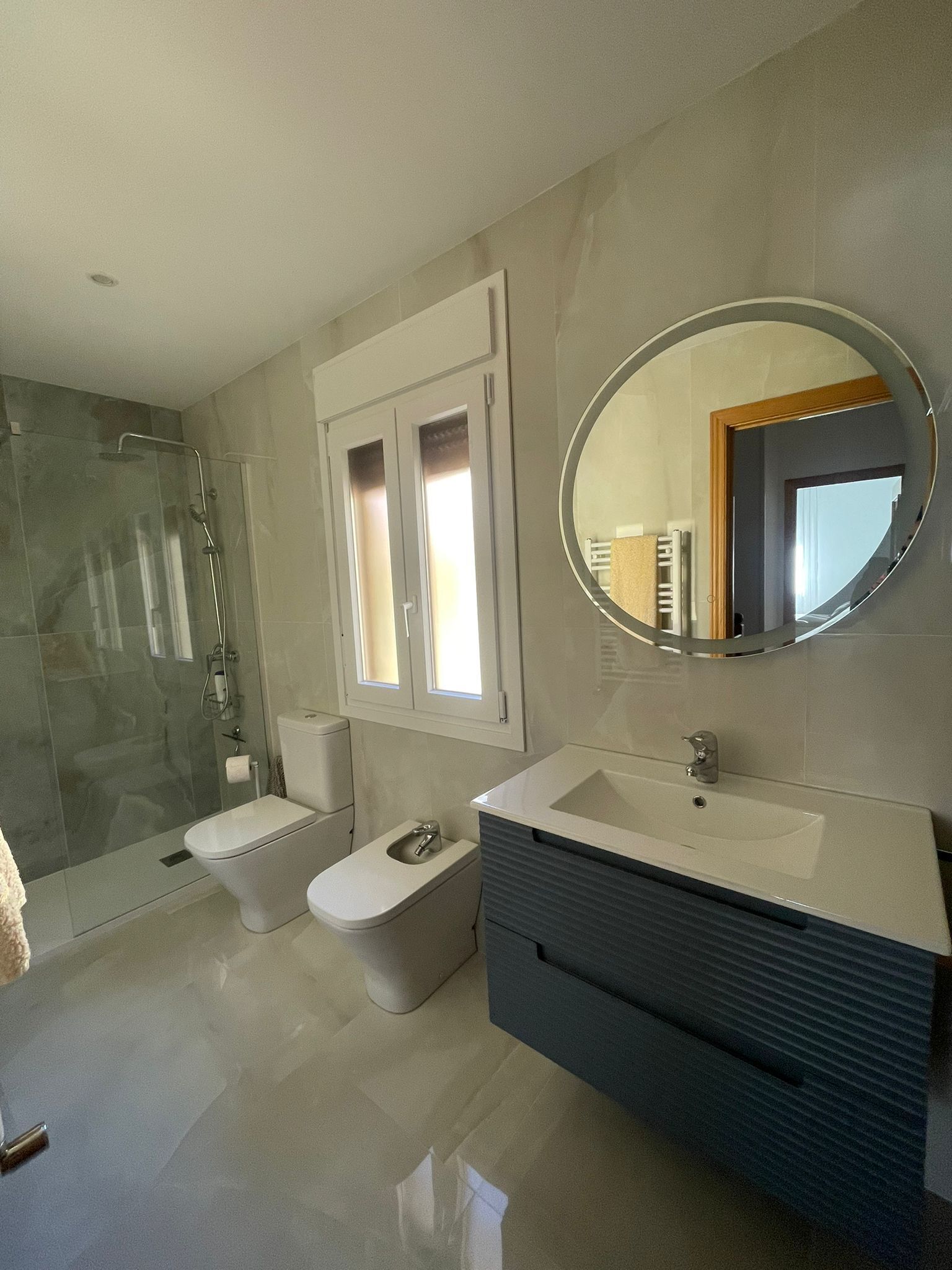 Shower, hair dryer, bidet, towels