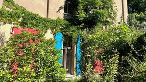 A building with a beige facade, a blue door, and a tree in front. - Morgenland - vacation apartment for those who want more than just a place to stay (Fürstenberg/Havel)