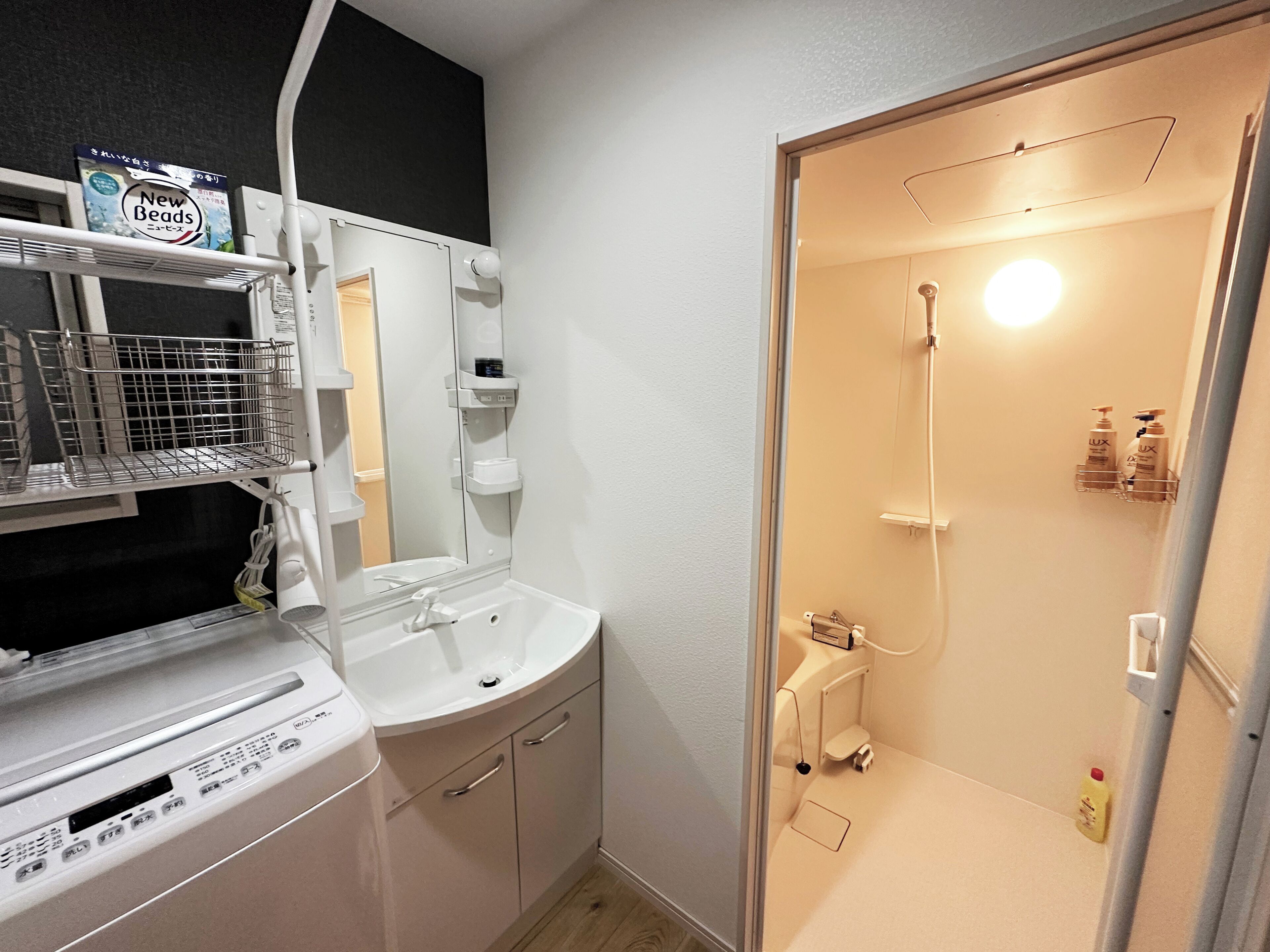 Hair dryer, bidet, towels, soap