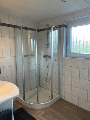 Shower, hair dryer, towels, soap - TDY/TLA Housing and Guest Apartment (Reichenbach)