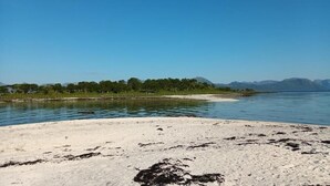 Una playa con agua cristalina, una orilla arenosa y una línea de árboles a lo lejos.