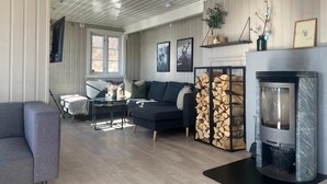 Una sala de estar moderna con chimenea, un sofá, una mesa de centro y un televisor montado en la pared.