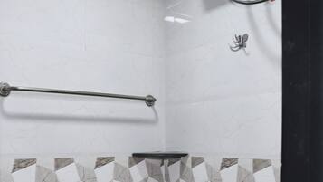 Shower, towels, soap, shampoo
