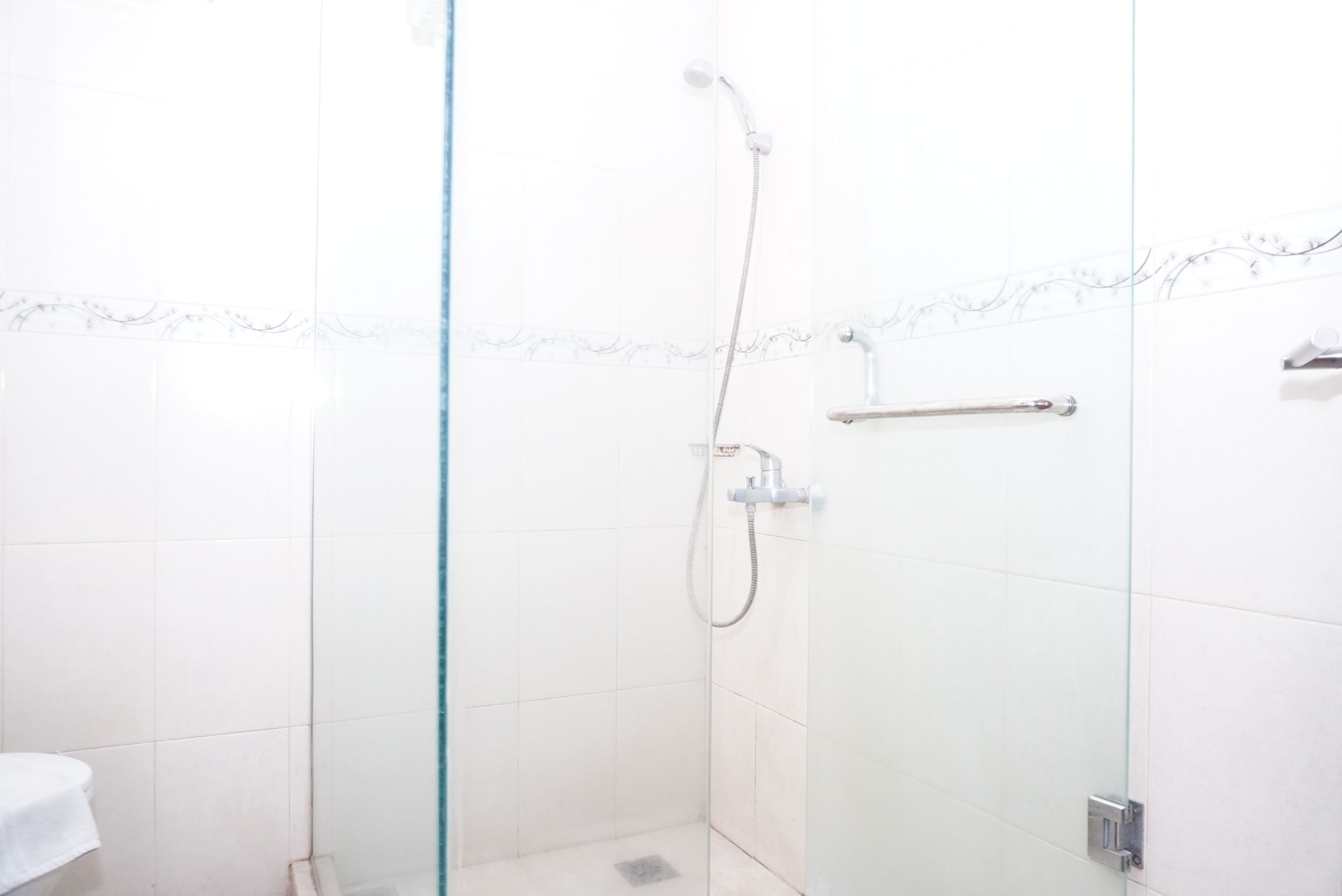 A glass-enclosed shower area with a handheld showerhead, a towel rack, and a glass partition.