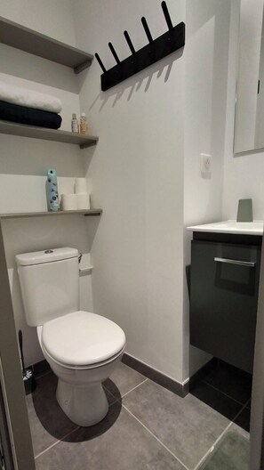 Douche, serviettes fournies, savon, papier toilette