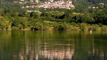 Un lago con un pueblo en la orilla opuesta, rodeado de vegetación.