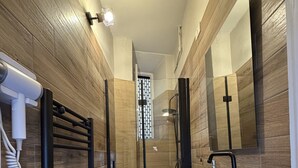 A narrow bathroom with a wooden wall, a glass shower enclosure, a white toilet, and a wooden vanity with a sink. - Guest Housa Santa Giustina (Lucca)