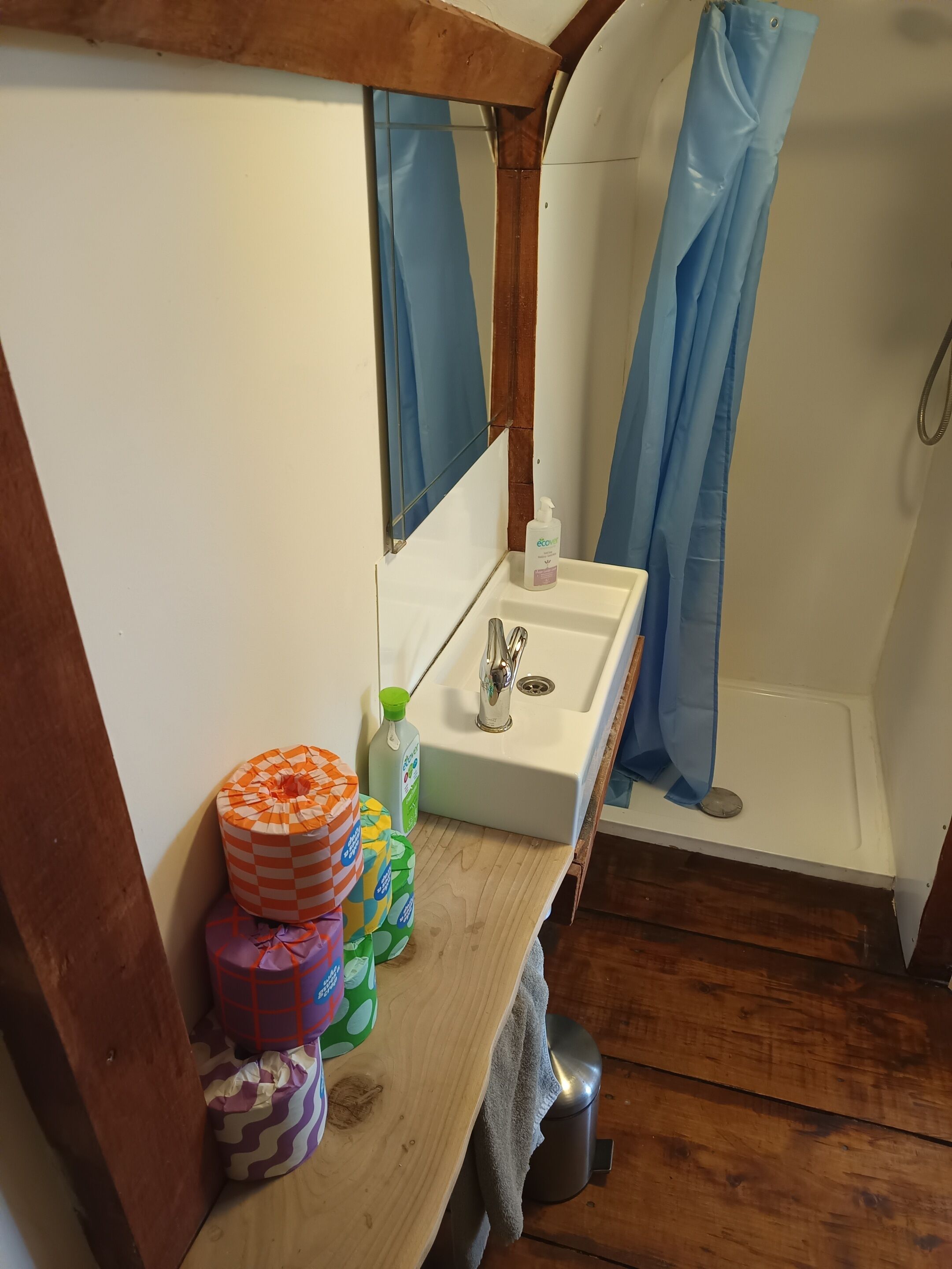 A bathroom with a wooden vanity, a sink, a mirror, and a shower with a blue curtain.