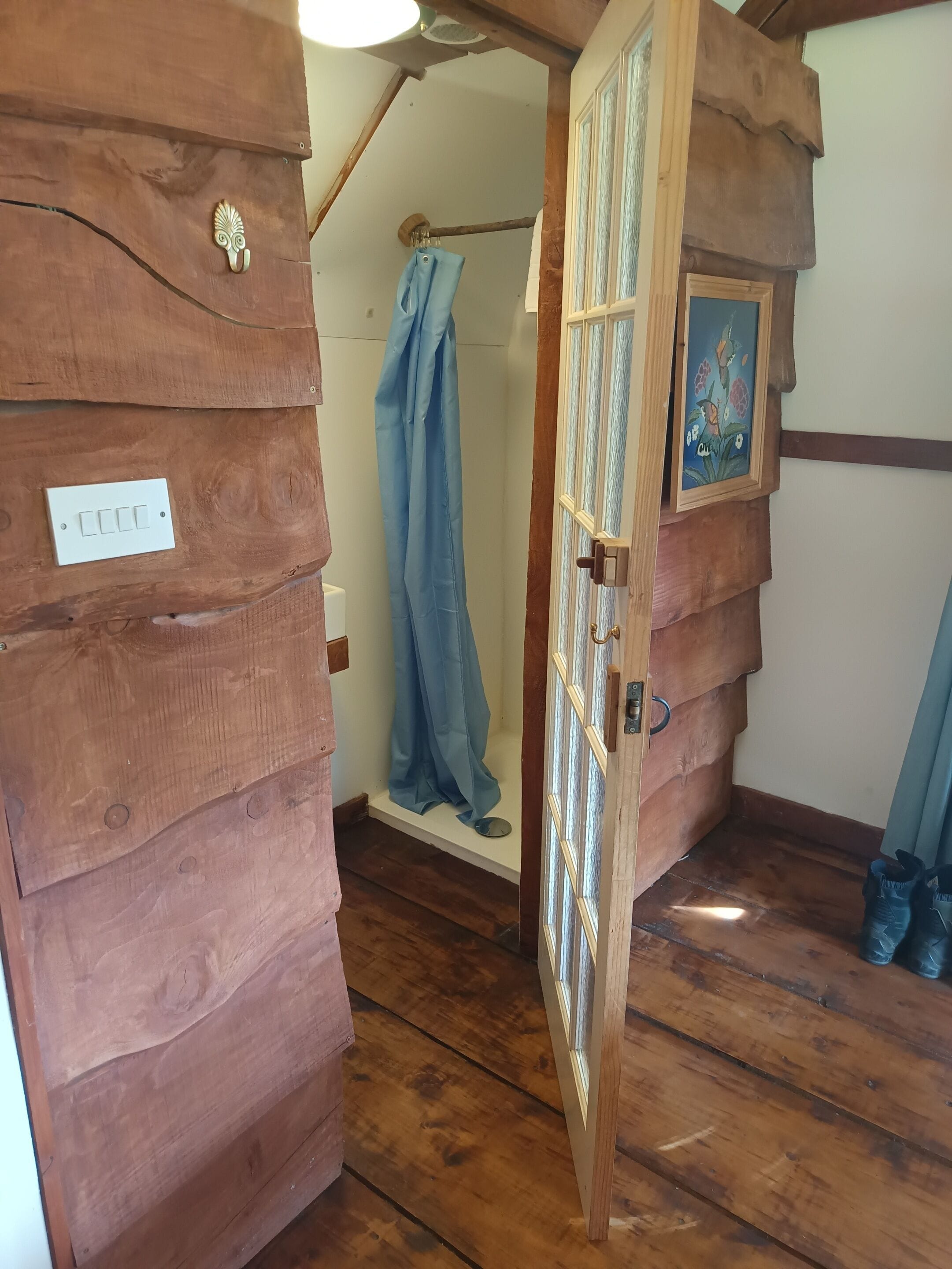 A rustic wooden room with a wooden door, a towel hanging on a hook, and a framed picture on the wall.