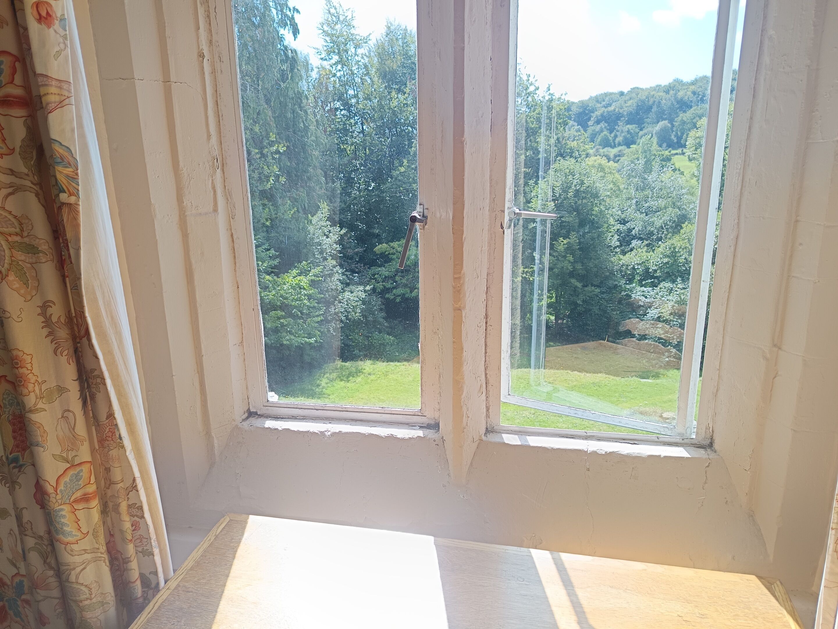 A room with a window overlooking a forested area.