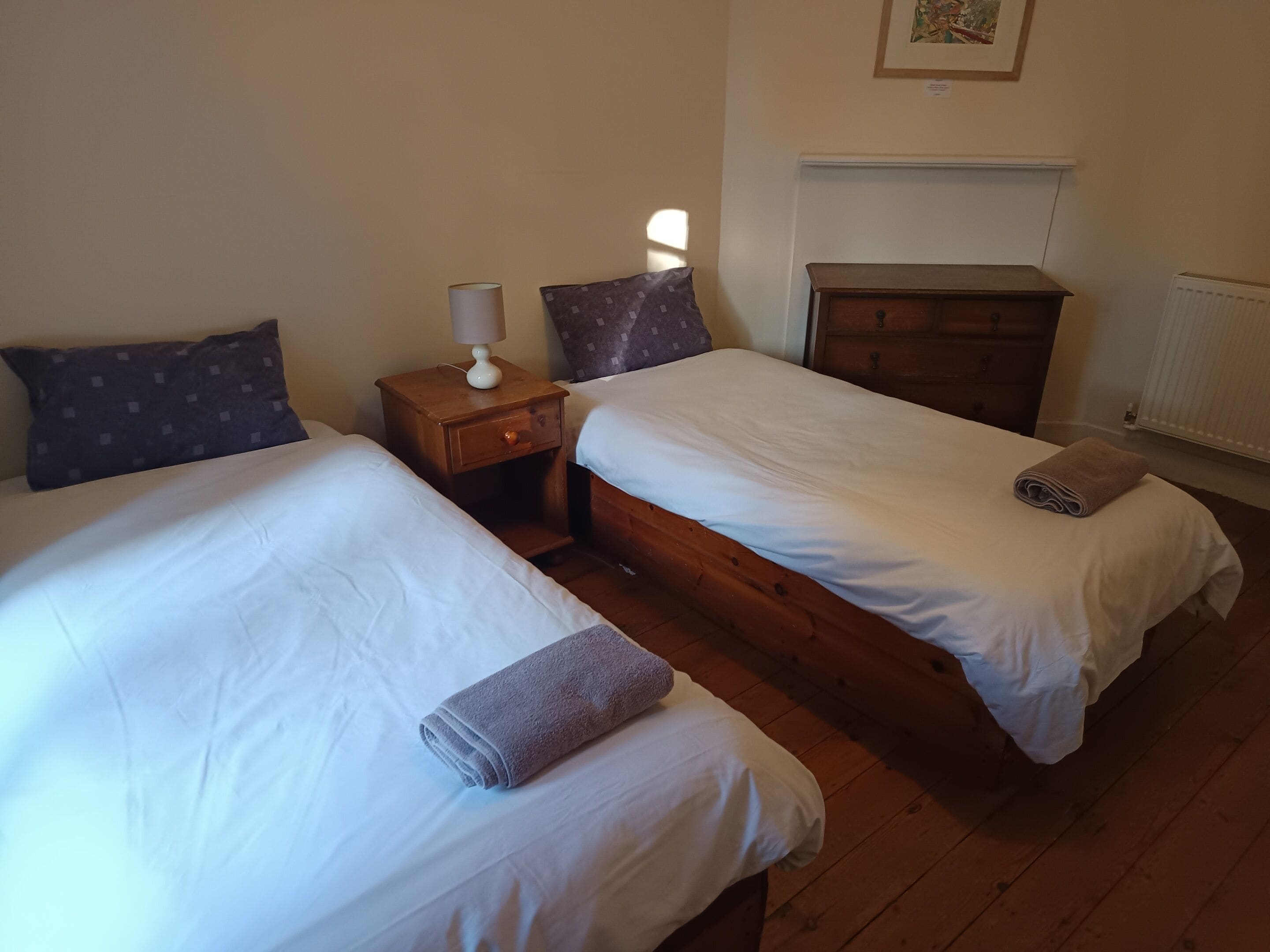 A double room with two beds, a nightstand with a lamp, a dresser, and a radiator.