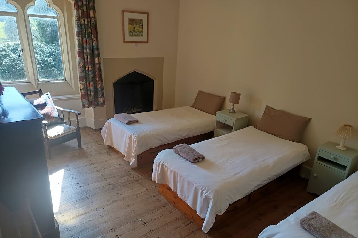A room with two beds, a desk, a chair, a fireplace, and a window with curtains.
