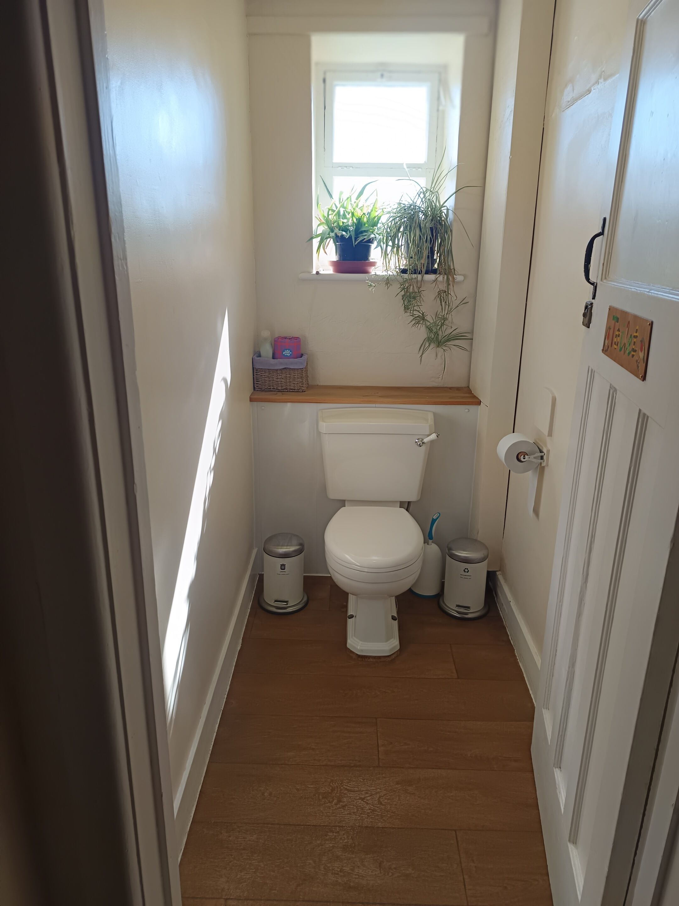 A small bathroom with a toilet, two trash bins, a window with plants, and a wooden shelf.