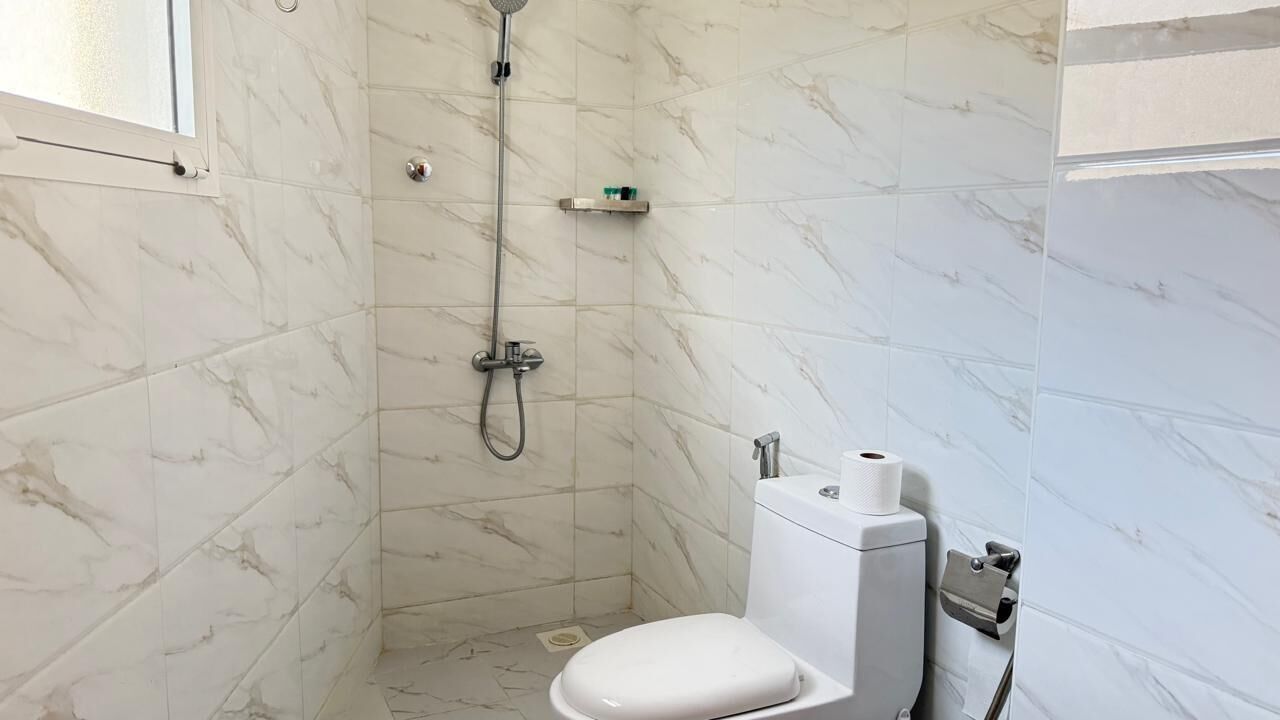 Shower, towels, soap, toilet paper