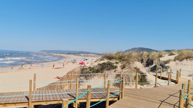Una pasarela de madera que lleva a una playa con gente y sombrillas.