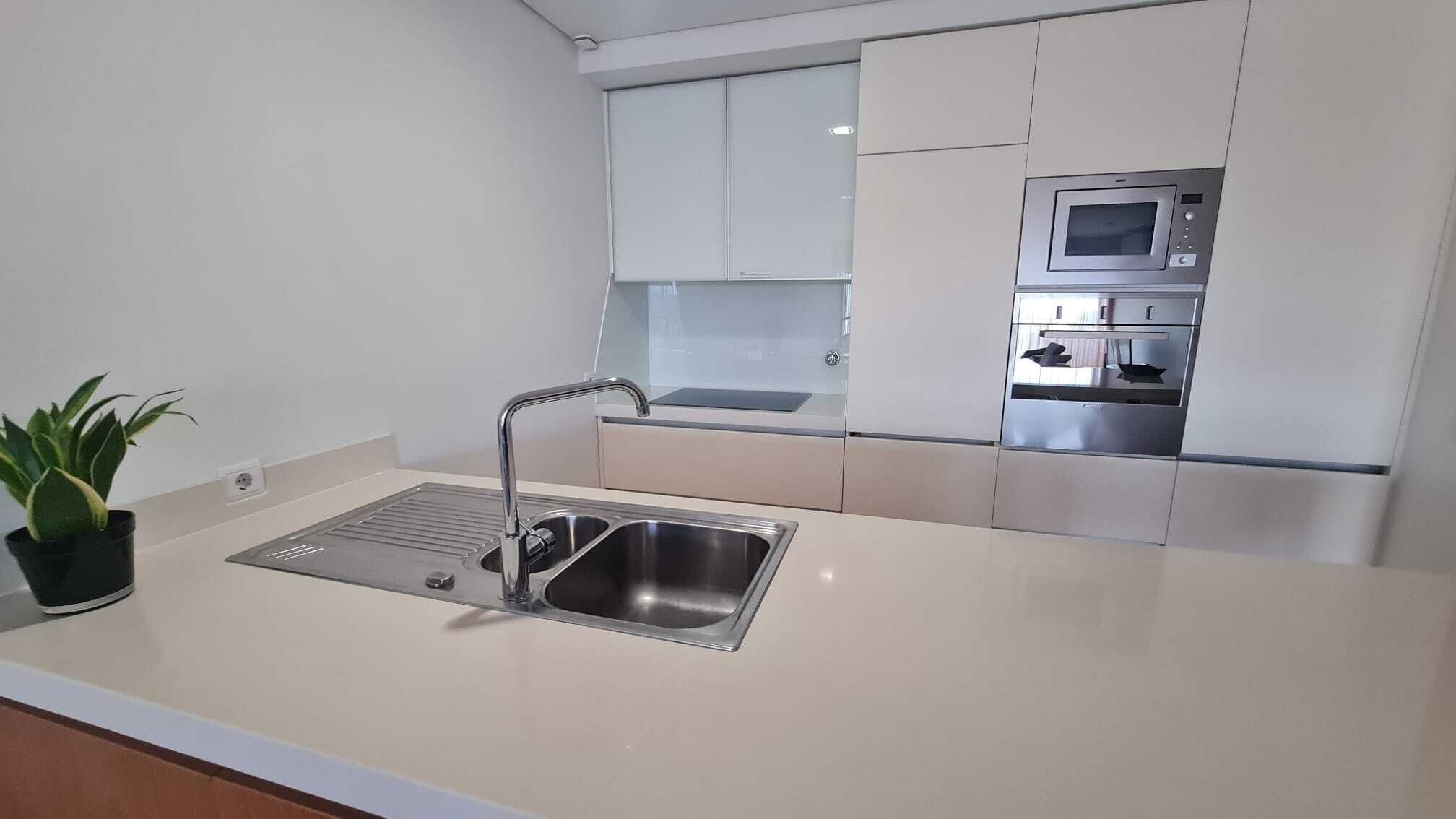 A modern kitchen with a stainless steel sink, a potted plant, and built-in appliances.