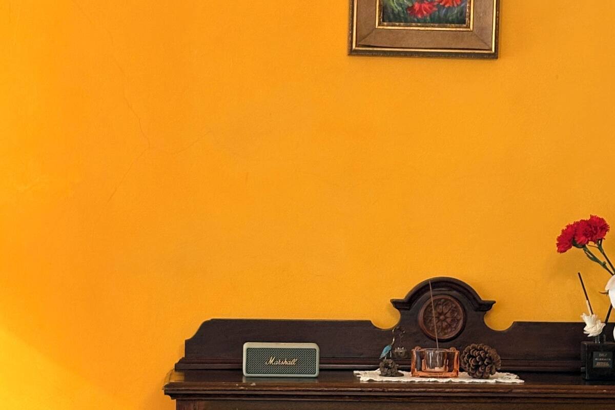 Une commode en bois sur laquelle sont posés une radio, un tableau encadré et un vase rempli de fleurs.
