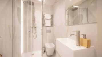A modern bathroom with a glass-enclosed shower, a white sink with a wooden soap dispenser, and a toilet.