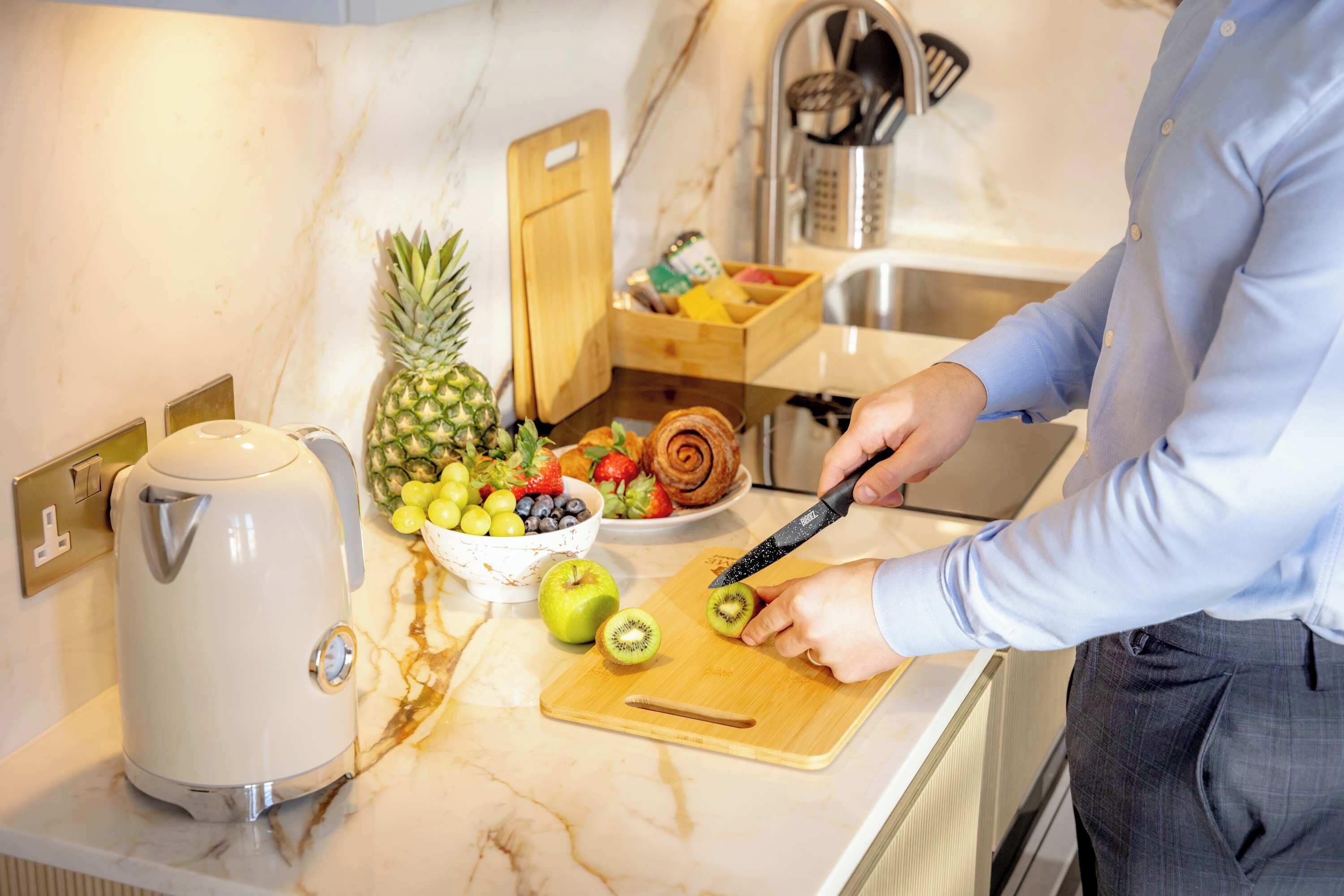 Fridge, oven, stovetop, electric kettle
