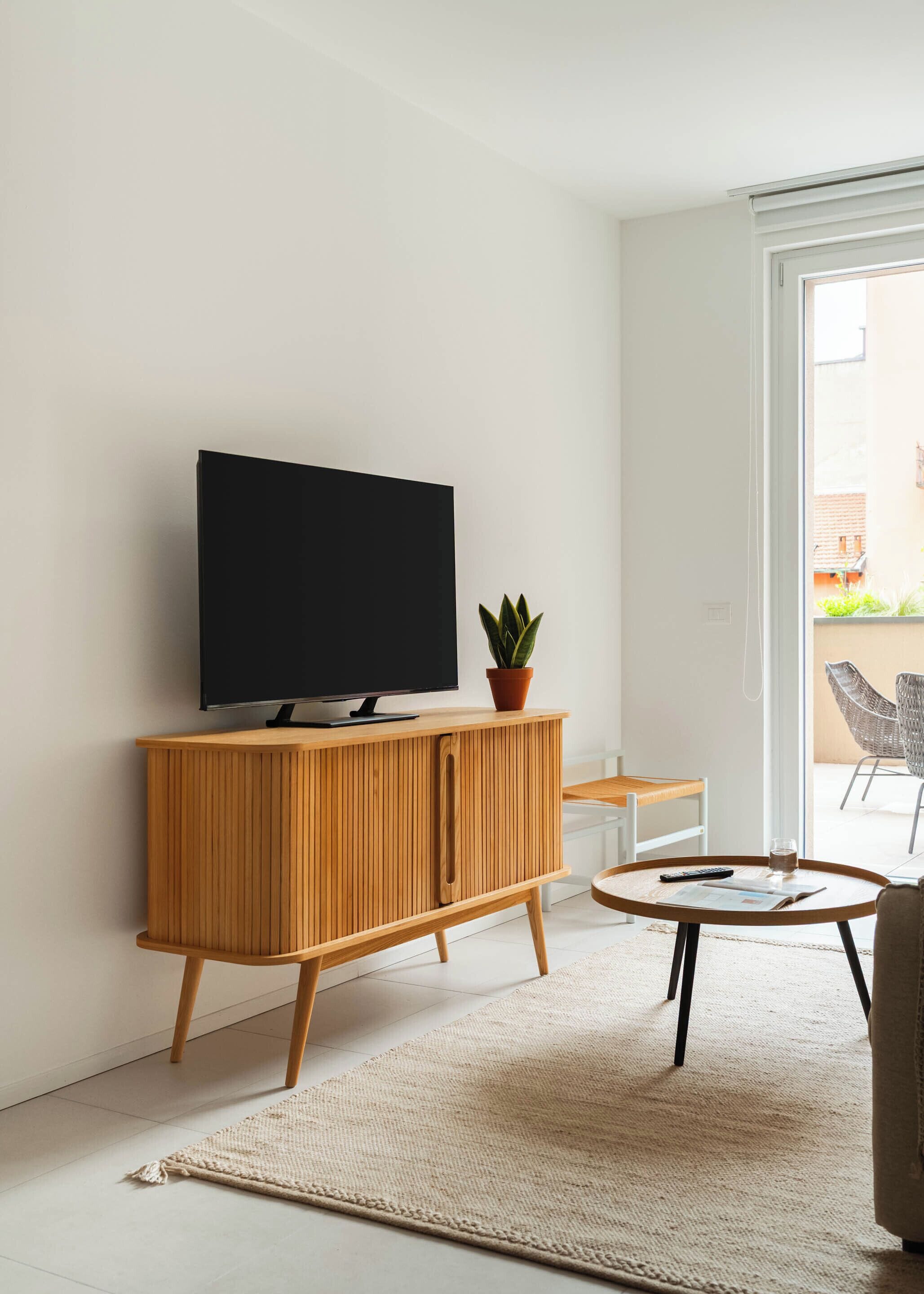 Ein modernes Wohnzimmer mit einem Flachbildfernseher auf einer Holzkommode, einem runden Couchtisch, einer Topfpflanze und Blick ins Freie.