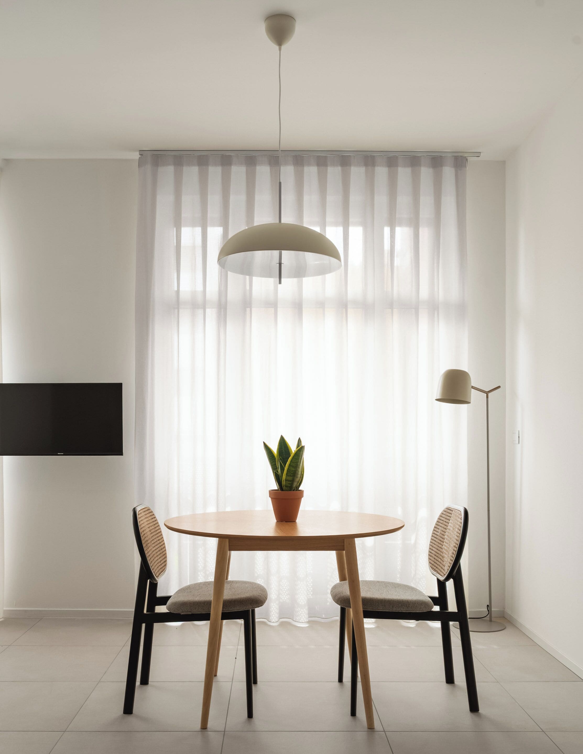 A modern dining area with a round table, two chairs, a potted plant, a television, and a floor lamp.