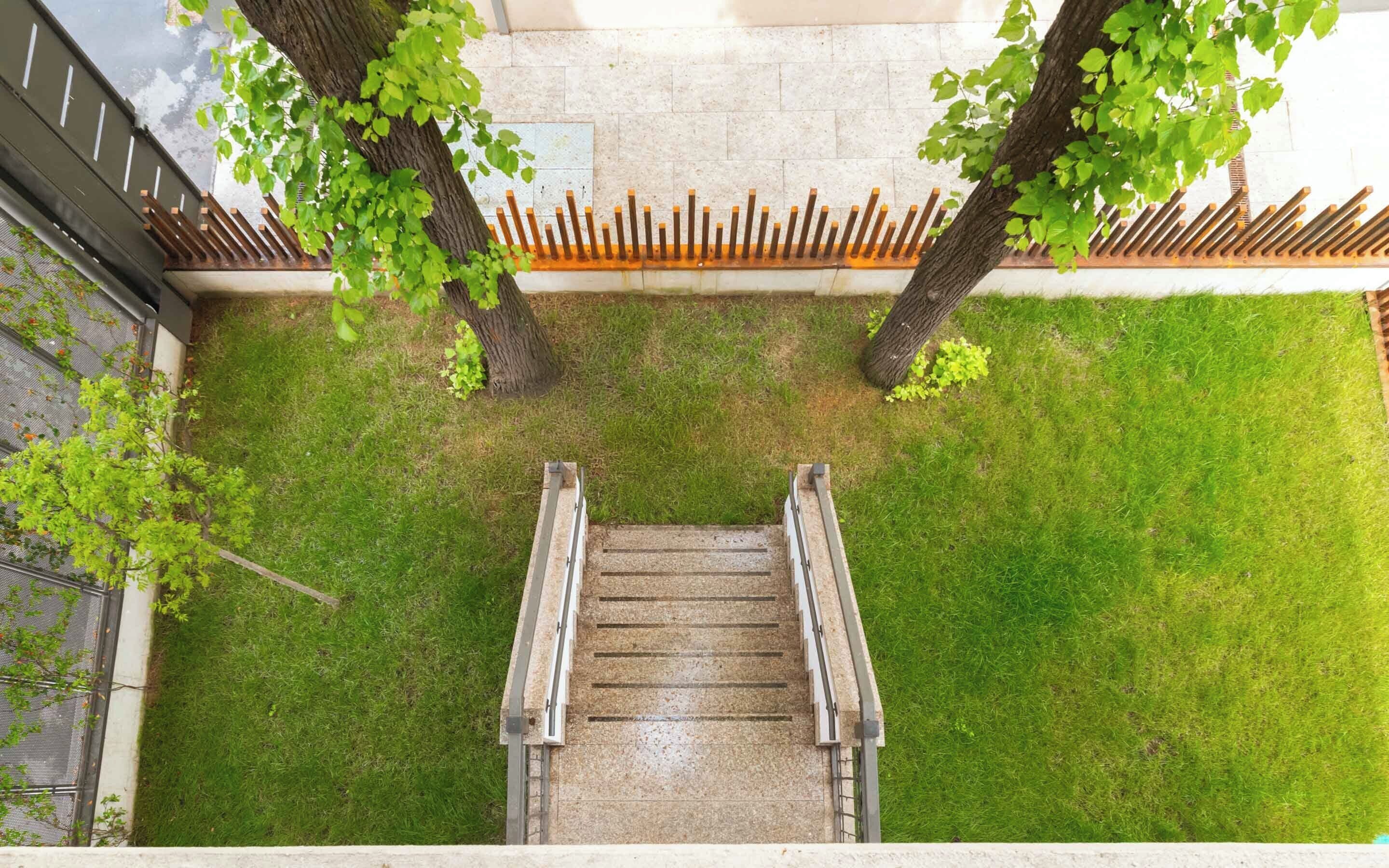 A wooden staircase leading to a grassy area with trees and a fence.