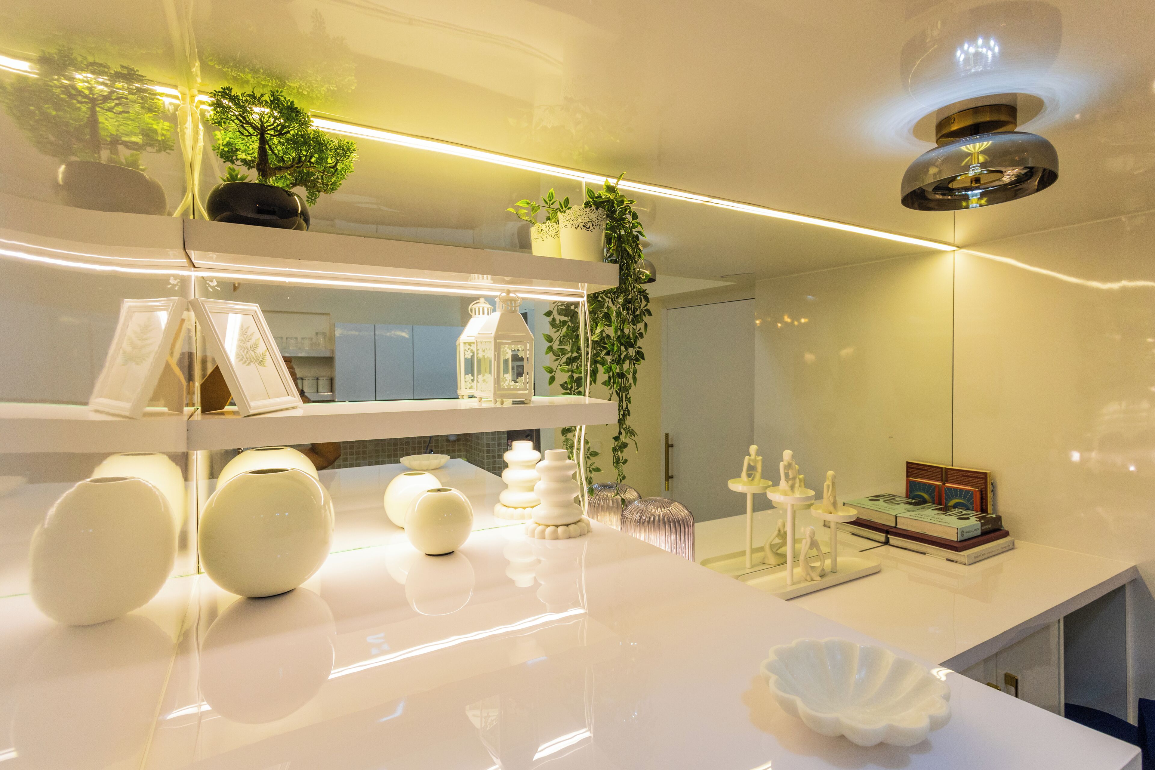 Un intérieur moderne avec un comptoir blanc, des étagères ornées d’objets décoratifs et une plante suspendue.