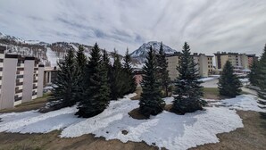 Área residencial com chão coberto de neve, árvores perenes e edifícios ao fundo.