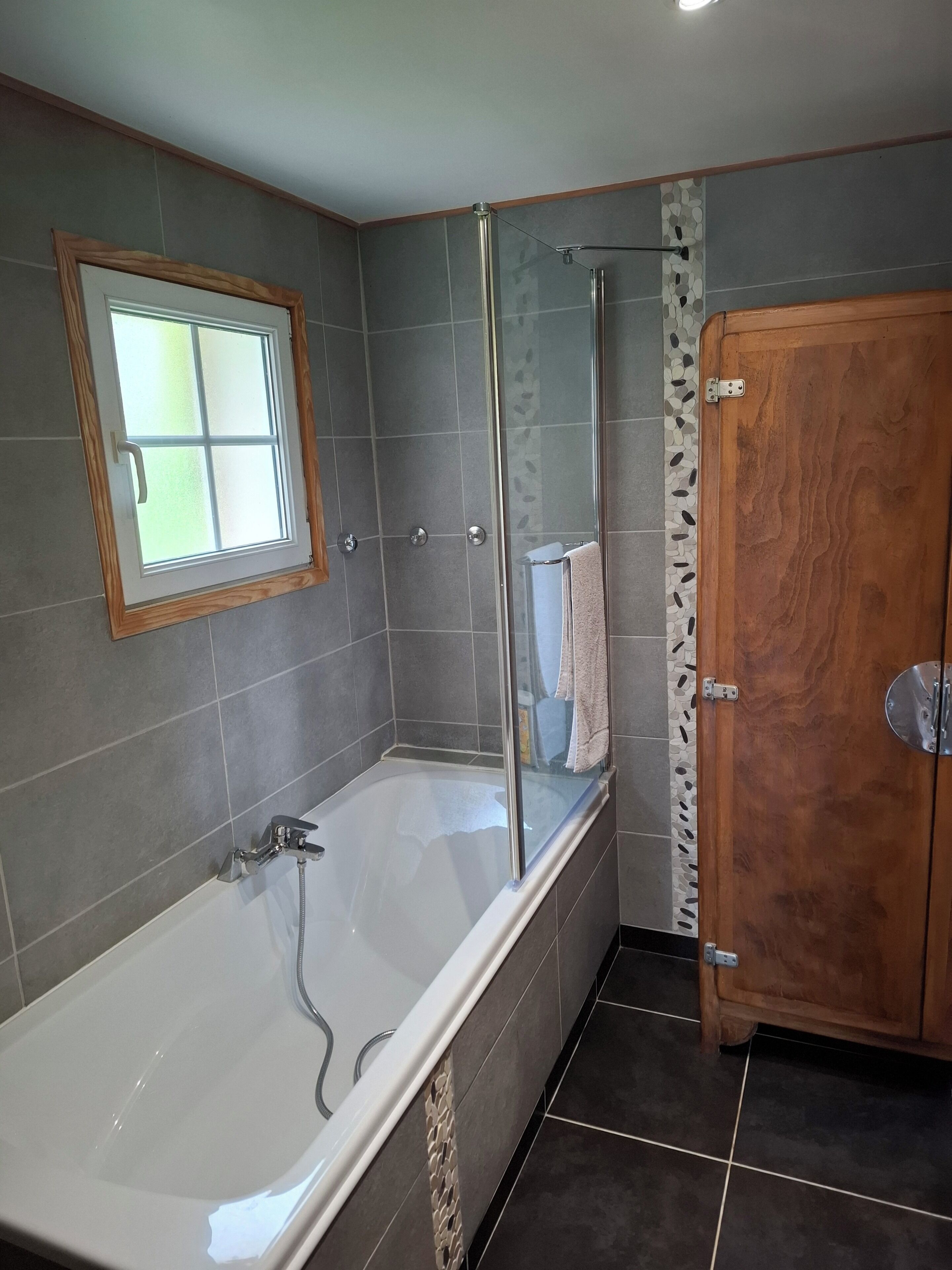 Shower, hair dryer, towels, toilet paper