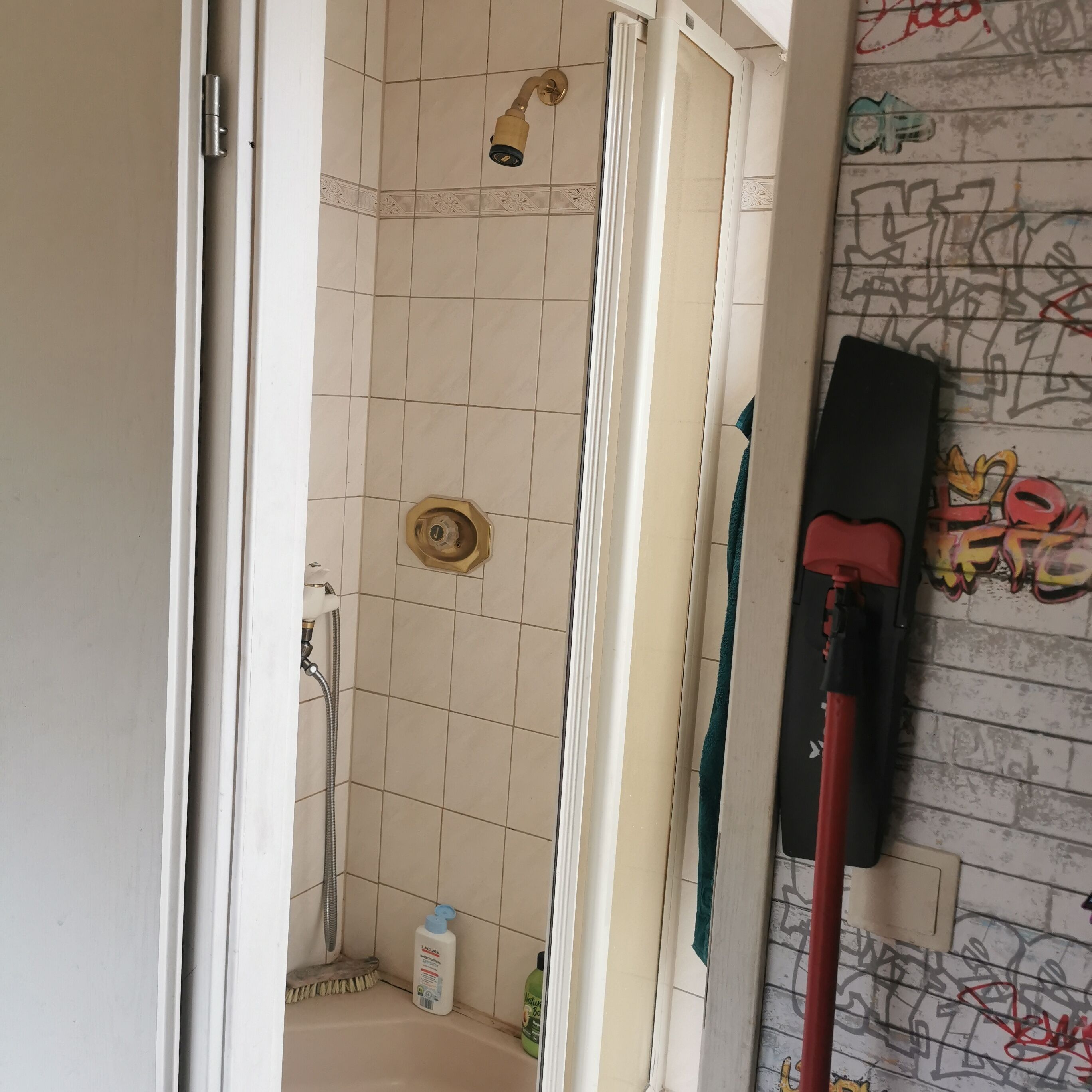 Dusch, hårtork, handdukar och tvål