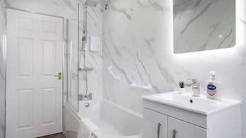 Shower, hair dryer, shampoo