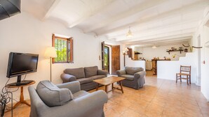 A living room with sofas, a coffee table, a TV, and a lamp. - Authentic Mallorcan House with Pool and Sea Views (Son Ferrandell)