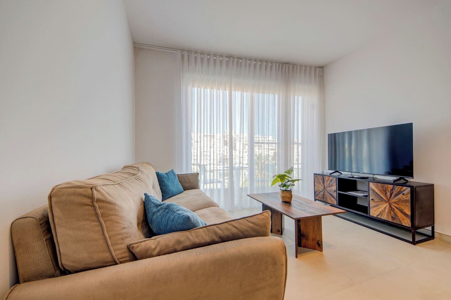A living room with a sofa, a coffee table, a TV, and a plant.