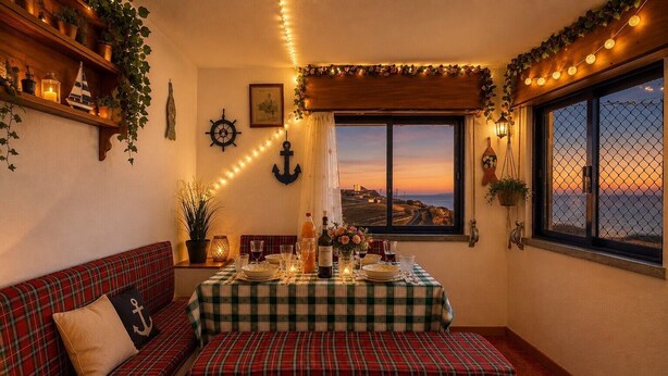 Habitación acogedora con una mesa con mantel a cuadros dispuesta para comer, un sofá con cojín escocés, una ventana con vistas al mar y decoración náutica que incluye un timón y un ancla.