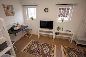 A room with a TV, white furniture, two windows with plants, a clock, and a patterned rug.