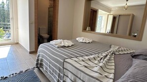 A bedroom with a large bed, a wooden door, a mirror, and a view of the outdoors.